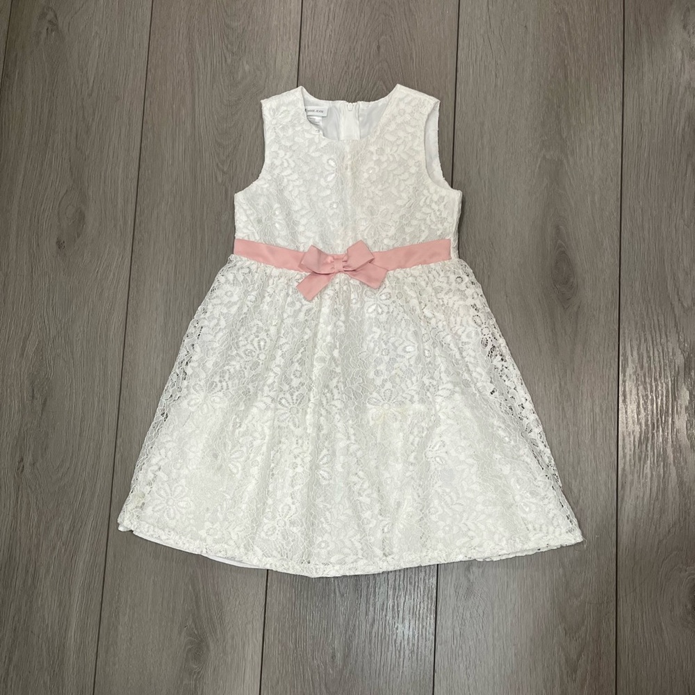 Bonnie Jean White Lace Dress with Pink Bow
